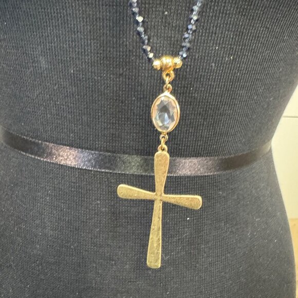 Blue Beaded Necklace Cross Pendant Gold Detail Adjustable Lobster Clasp Chain - Picture 1 of 4